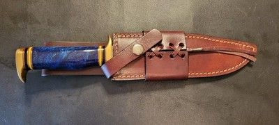 Custom Handmade D2 Steel Hunting Bowie Knife with Blue Resin Handle & Sheath