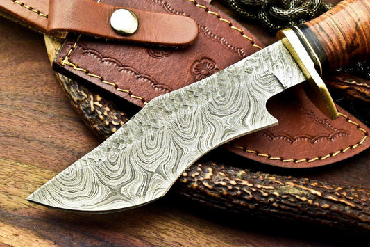 12.5" Handmade Damascus Bowie Knife | Stacked Leather Handle