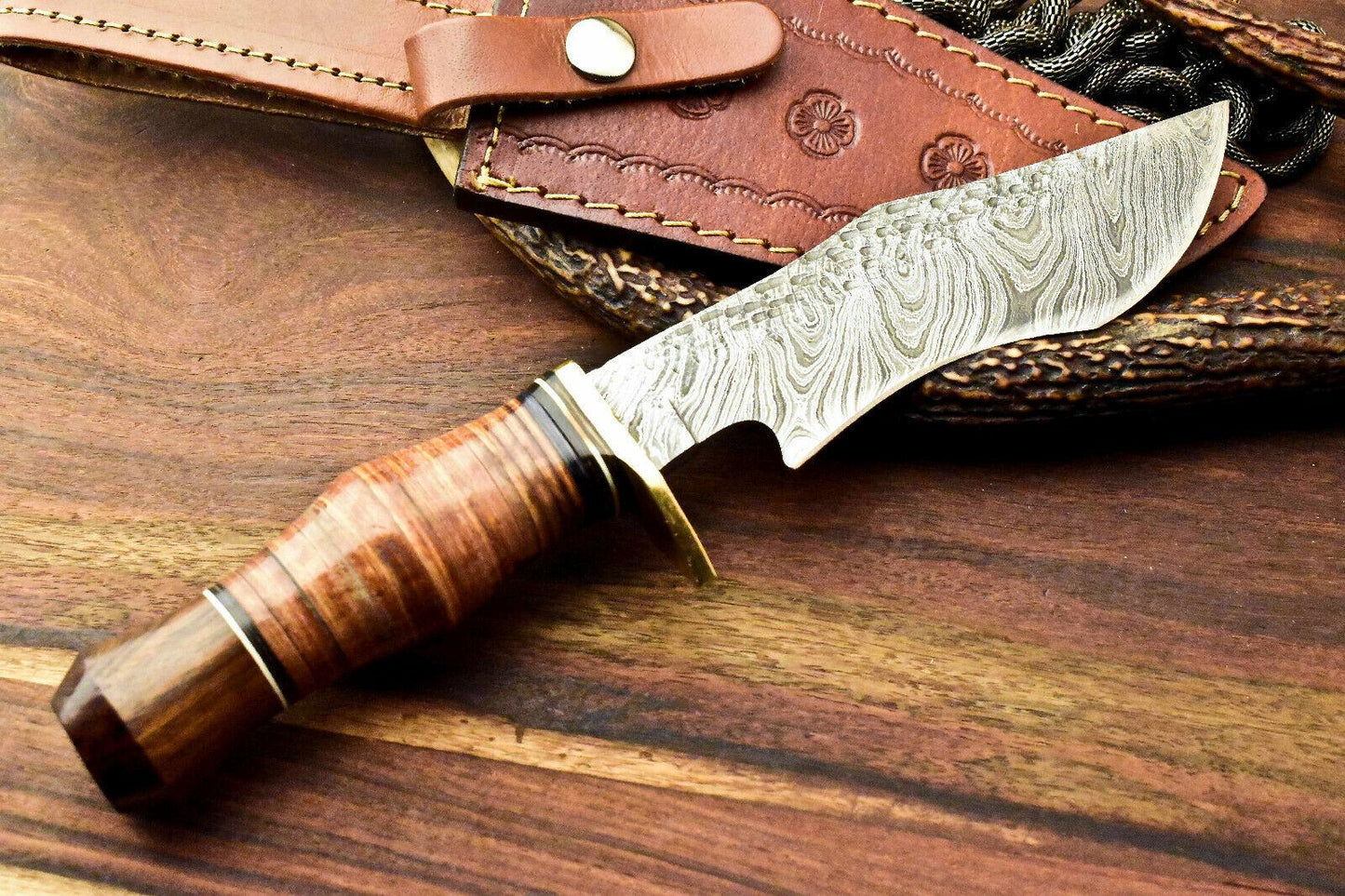 12.5" Handmade Damascus Bowie Knife | Stacked Leather Handle