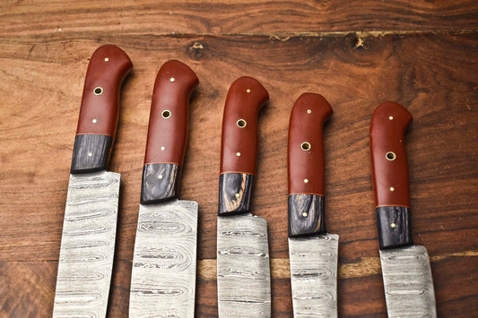 Premium Lot of 5 Handmade Hammered Damascus Steel Chef Knives Set