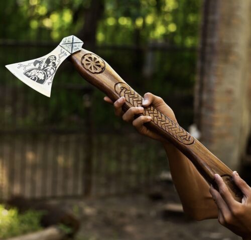 Custom Handmade Carbon Steel Viking Hatchet Tomahawk – Bushcraft Axe with Wooden Handle