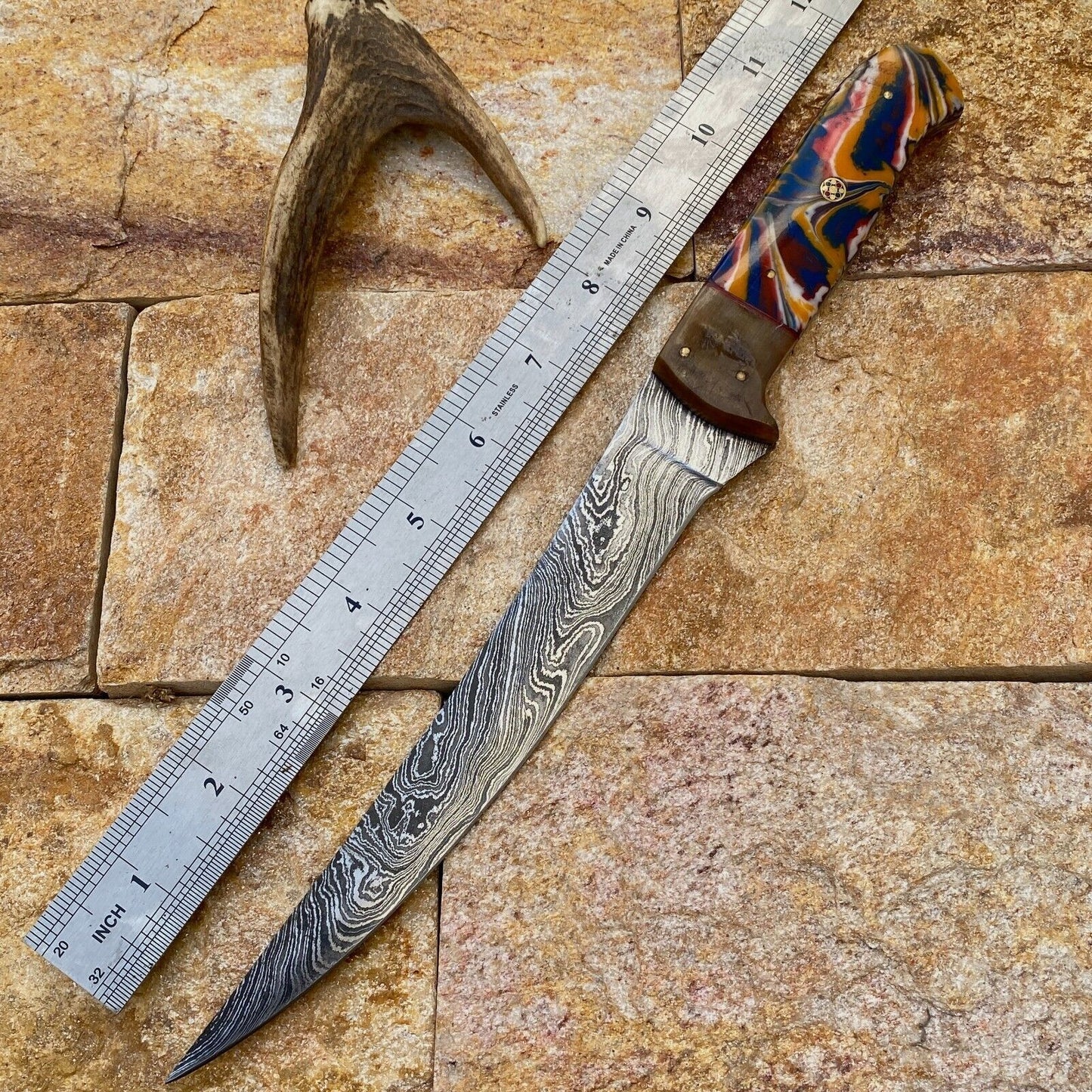 Custom Forged Damascus Steel Fishing Fillet Chef Knife – Resin & Brass Handle