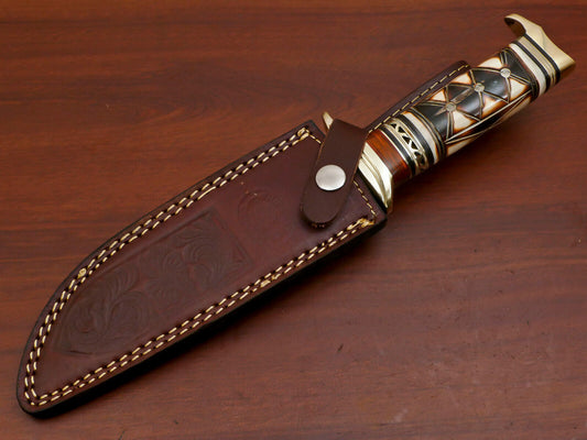 12" Damascus Bowie Knife – Bone & Pakka Wood Handle with Brass Guard