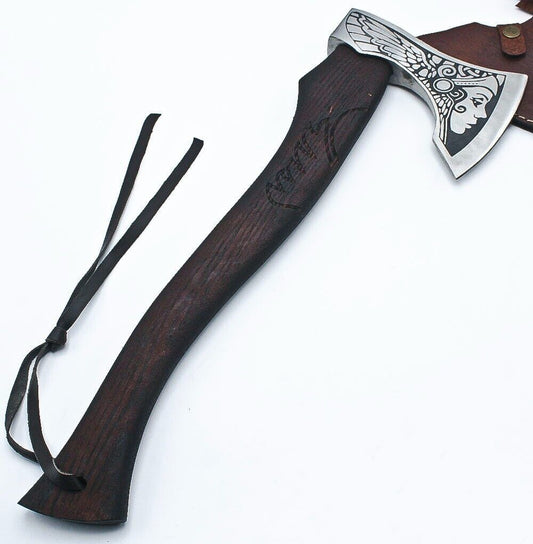 Handmade Etched High Carbon Steel Viking Axe with Ashwood Handle and Leather Sheath