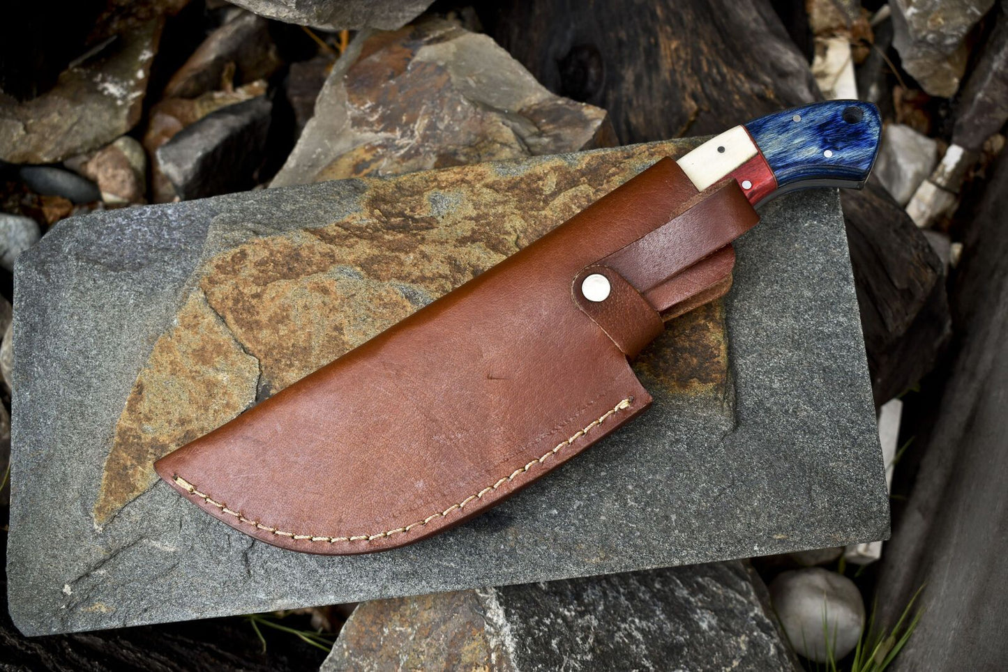 10" Hand Forged Damascus Steel Tracker Knife – Bone & Wood Handle, Ladder Pattern, Bushcraft Hiking Survival