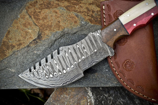 10" Hand Forged Damascus Steel Tracker Knife – Bone & Wood Handle, Ladder Pattern, Bushcraft Hiking Survival