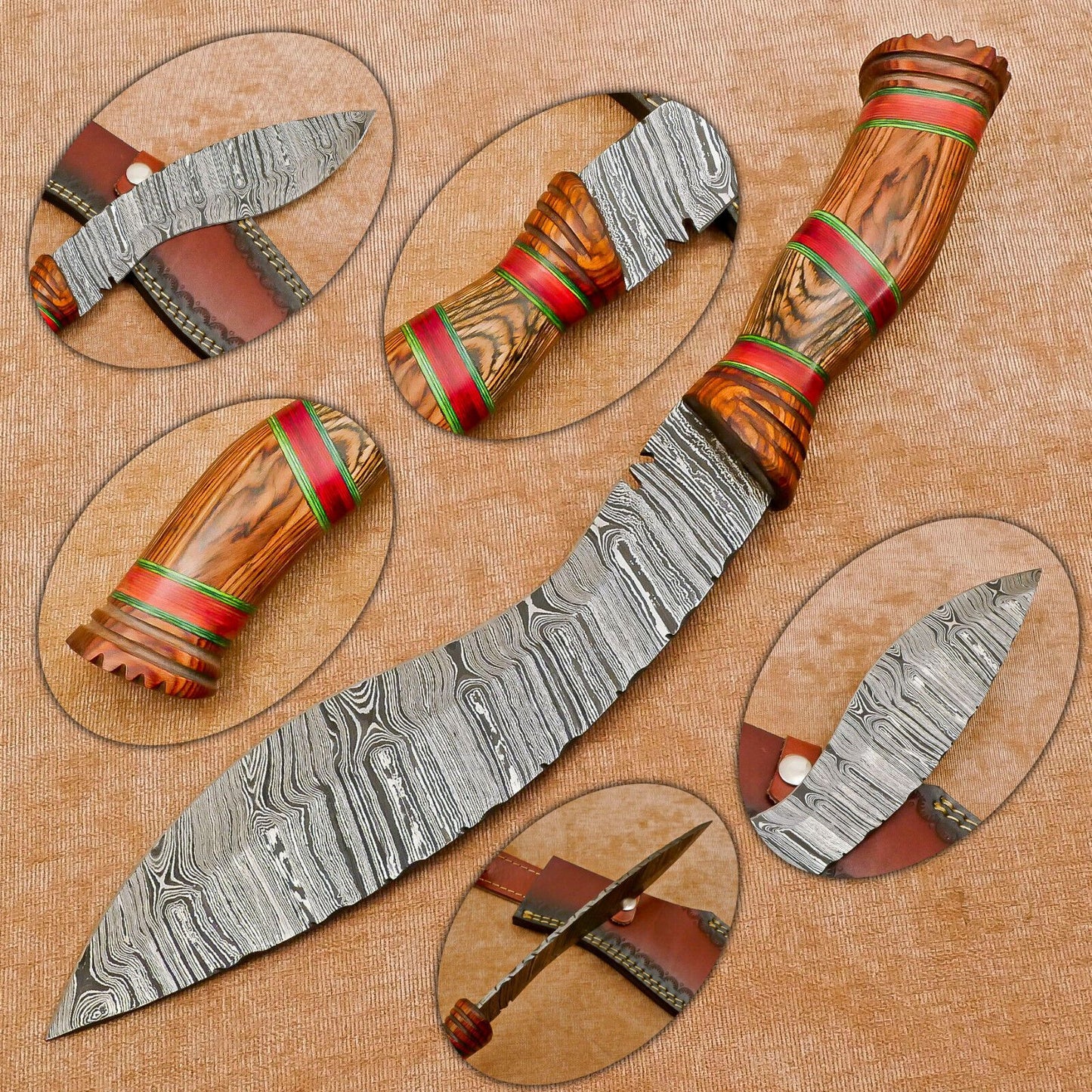 Heritage Forge Handmade Damascus Khukri Kukri Bowie Hunting Knife Pakka Wood Handle