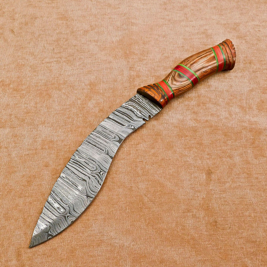 Heritage Forge Handmade Damascus Khukri Kukri Bowie Hunting Knife Pakka Wood Handle
