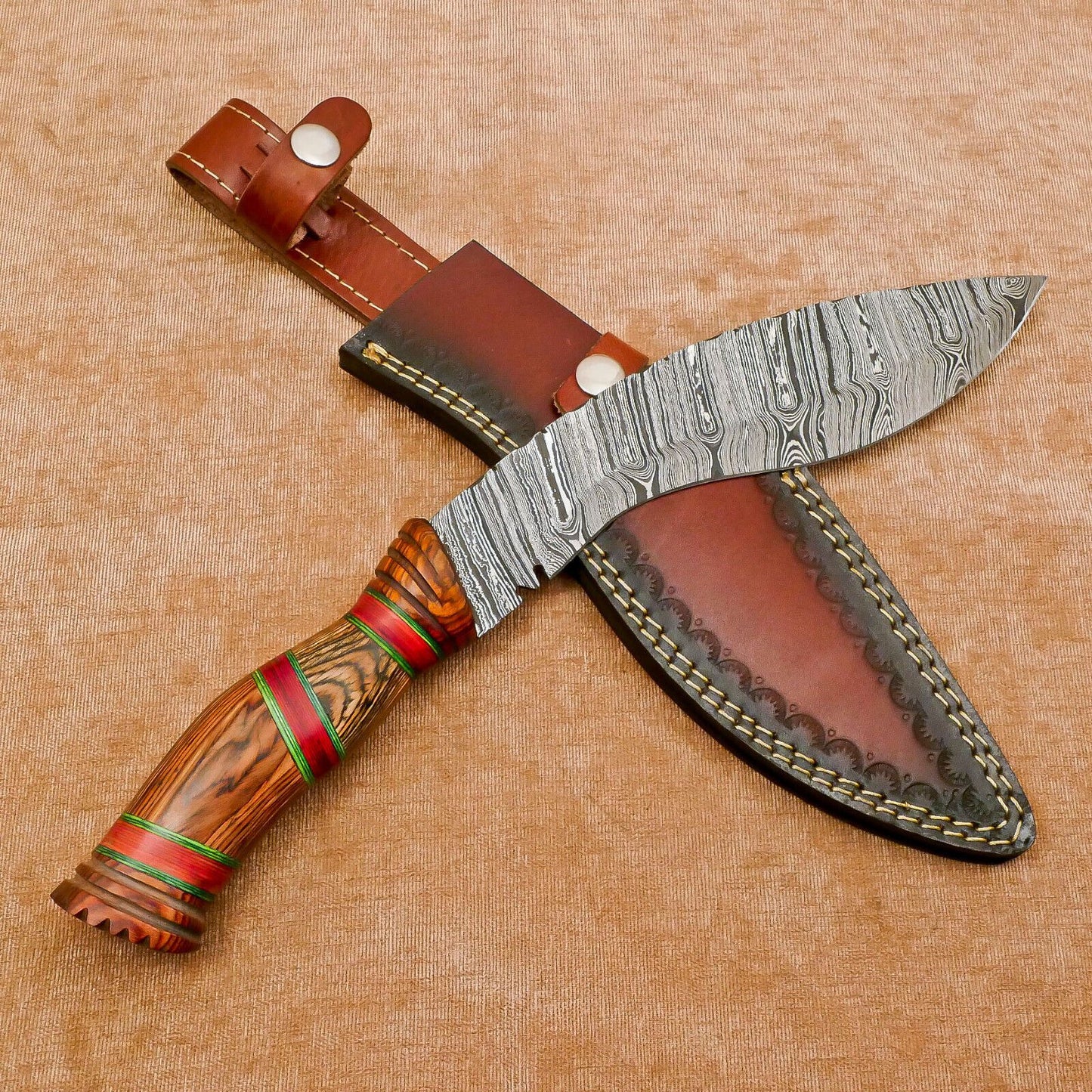 Heritage Forge Handmade Damascus Khukri Kukri Bowie Hunting Knife Pakka Wood Handle