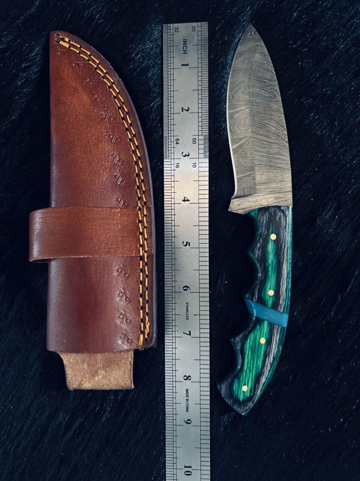 Heritage Forge 8.75 Inch Ladder Damascus Steel Bowie Hunting Knife with Wood Handle