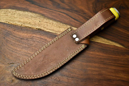 Handmade Damascus Bowie Knife | 12" Hunting Blade with Camel Bone Handle