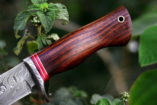 Heritage Forge 10 Inch Damascus Steel Bushcraft Knife with Rosewood Handle and Leather Sheath for Hunting and Survival