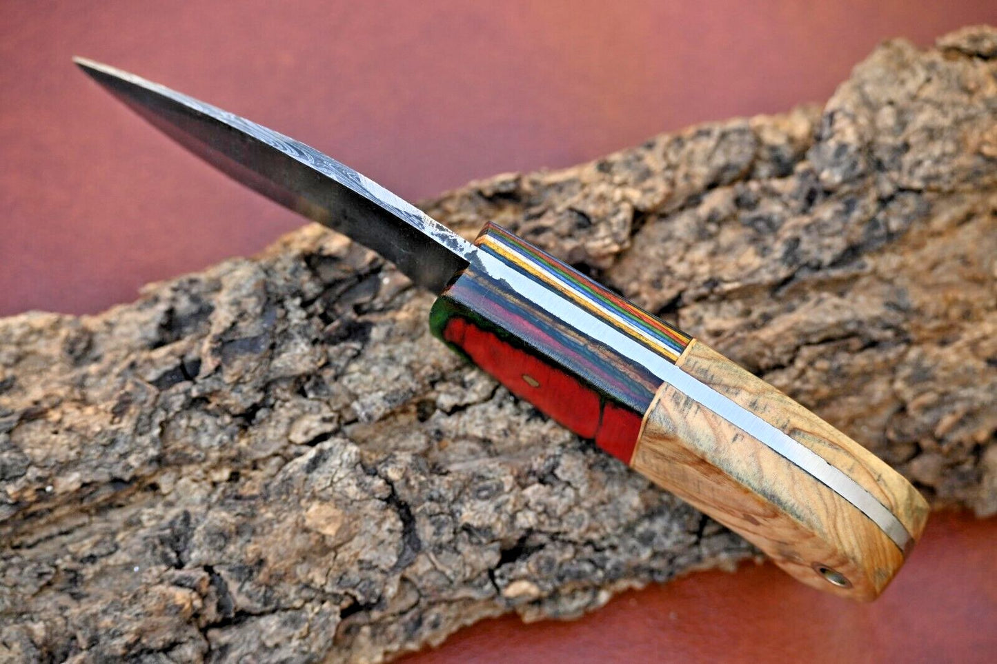 Twist Pattern Damascus Skinner Knife with Wood Handle and Leather Sheath