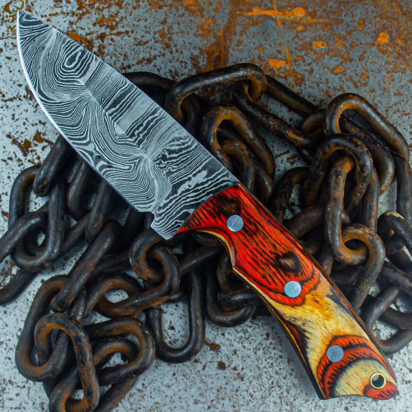 9" Custom Damascus Bowie Knife – Wood Handle