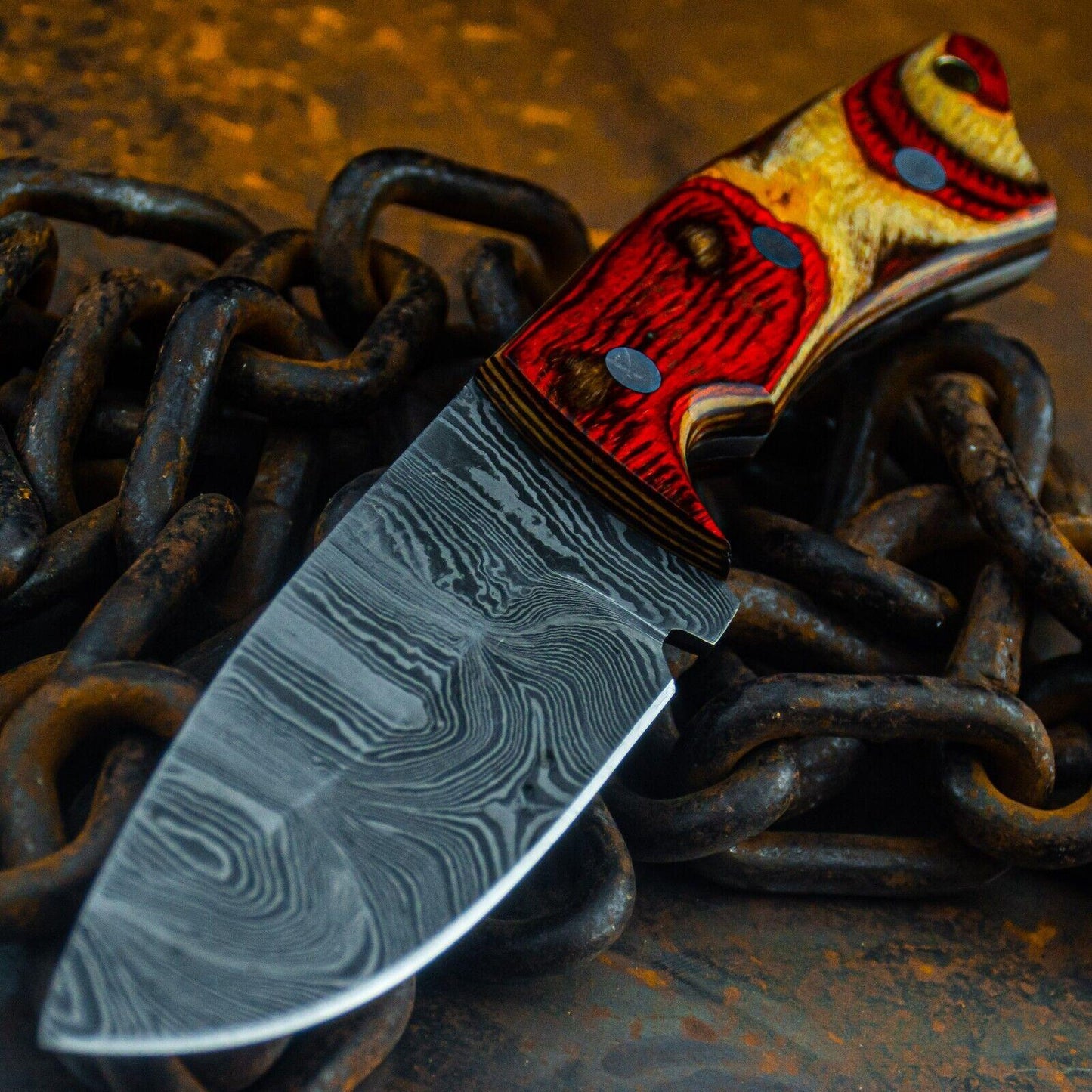 9" Custom Damascus Bowie Knife – Wood Handle