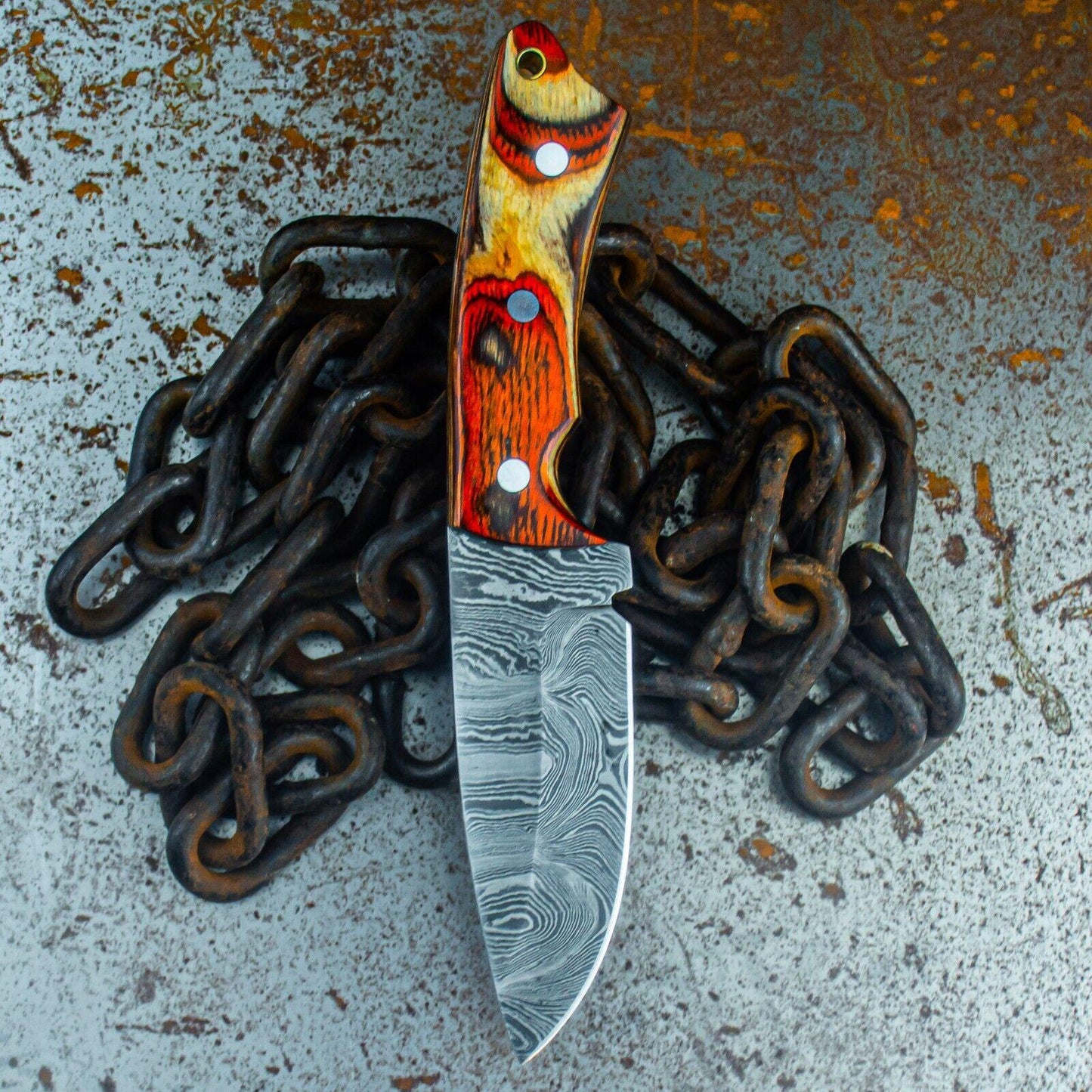 9" Custom Damascus Bowie Knife – Wood Handle