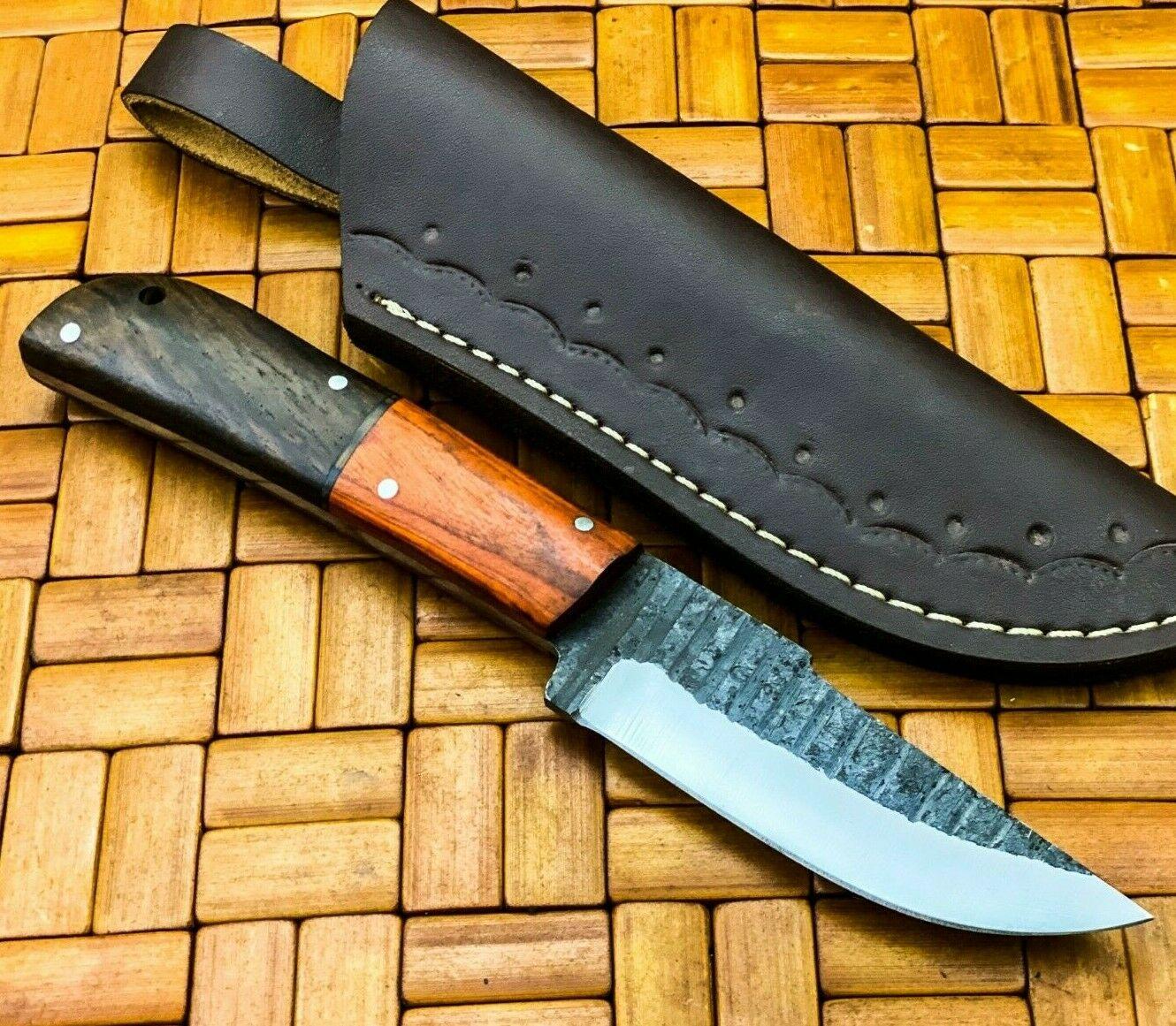 Handmade Carbon Steel Skinner Knife | Fixed Blade with Hardwood Handle & Leather Sheath