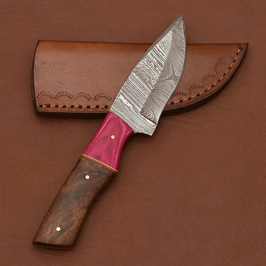 Wood Handle Damascus Steel Skinning Knife – 8 Inch Fixed Blade for Hunting and Camping