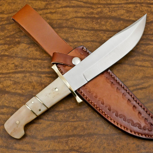 Handmade 13-Inch D2 Steel Full Tang Bowie Hunting Knife with Camel Bone Handle