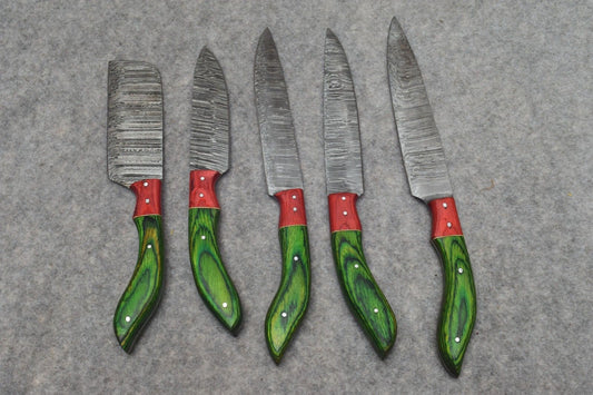Handmade Damascus Steel Chef Knife Set 5Pcs with Leather Roll, Hand Forged