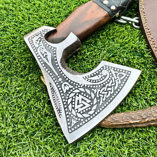 Custom Handmade Carbon Steel Etched Viking Tomahawk Hatchet Axe EDC with Walnut Wood Leather Wrapped Handle and Sheath