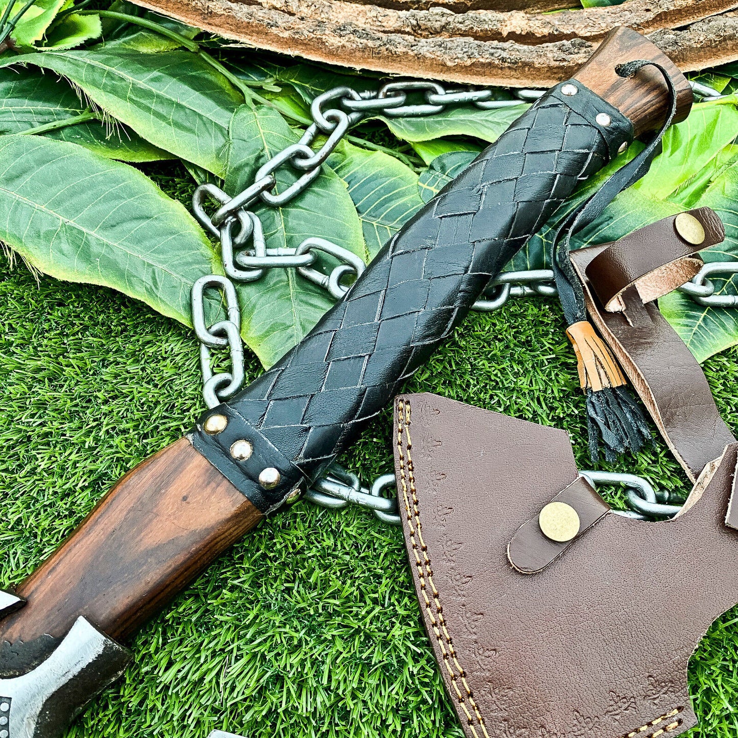 Custom Handmade Carbon Steel Etched Viking Tomahawk Hatchet Axe EDC with Walnut Wood Leather Wrapped Handle and Sheath