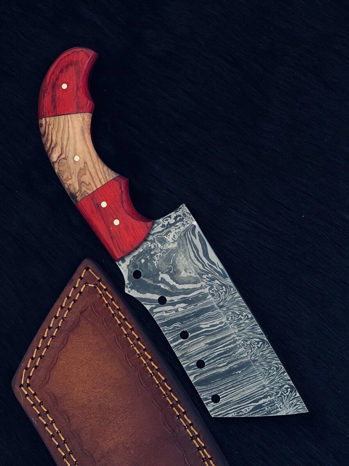 Heritage Forge 9.5 Inch Damascus Steel Cleaver Hunting Knife with Camel Bone and Wood Handle