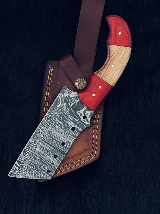Heritage Forge 9.5 Inch Damascus Steel Cleaver Hunting Knife with Camel Bone and Wood Handle