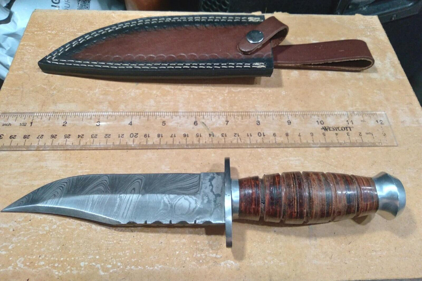 Heritage Forge 10 Inch Damascus Steel Fixed Blade Bowie Knife with Lathed Wood Handle and Leather Sheath