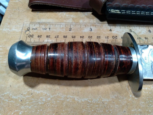 Heritage Forge 10 Inch Damascus Steel Fixed Blade Bowie Knife with Lathed Wood Handle and Leather Sheath