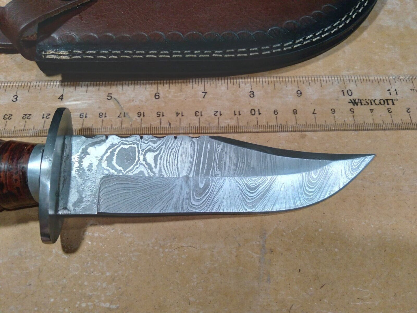 Heritage Forge 10 Inch Damascus Steel Fixed Blade Bowie Knife with Lathed Wood Handle and Leather Sheath