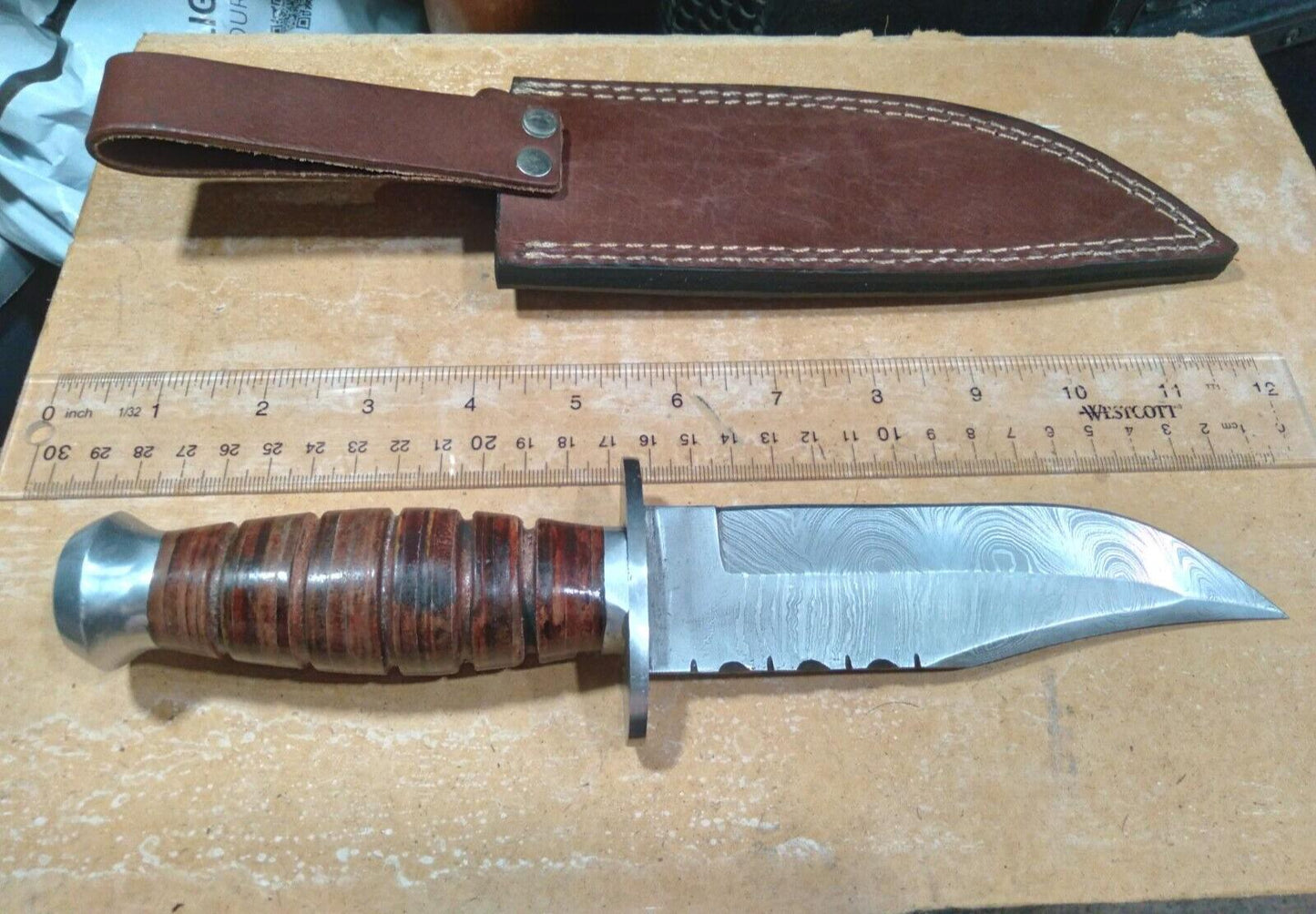 Heritage Forge 10 Inch Damascus Steel Fixed Blade Bowie Knife with Lathed Wood Handle and Leather Sheath