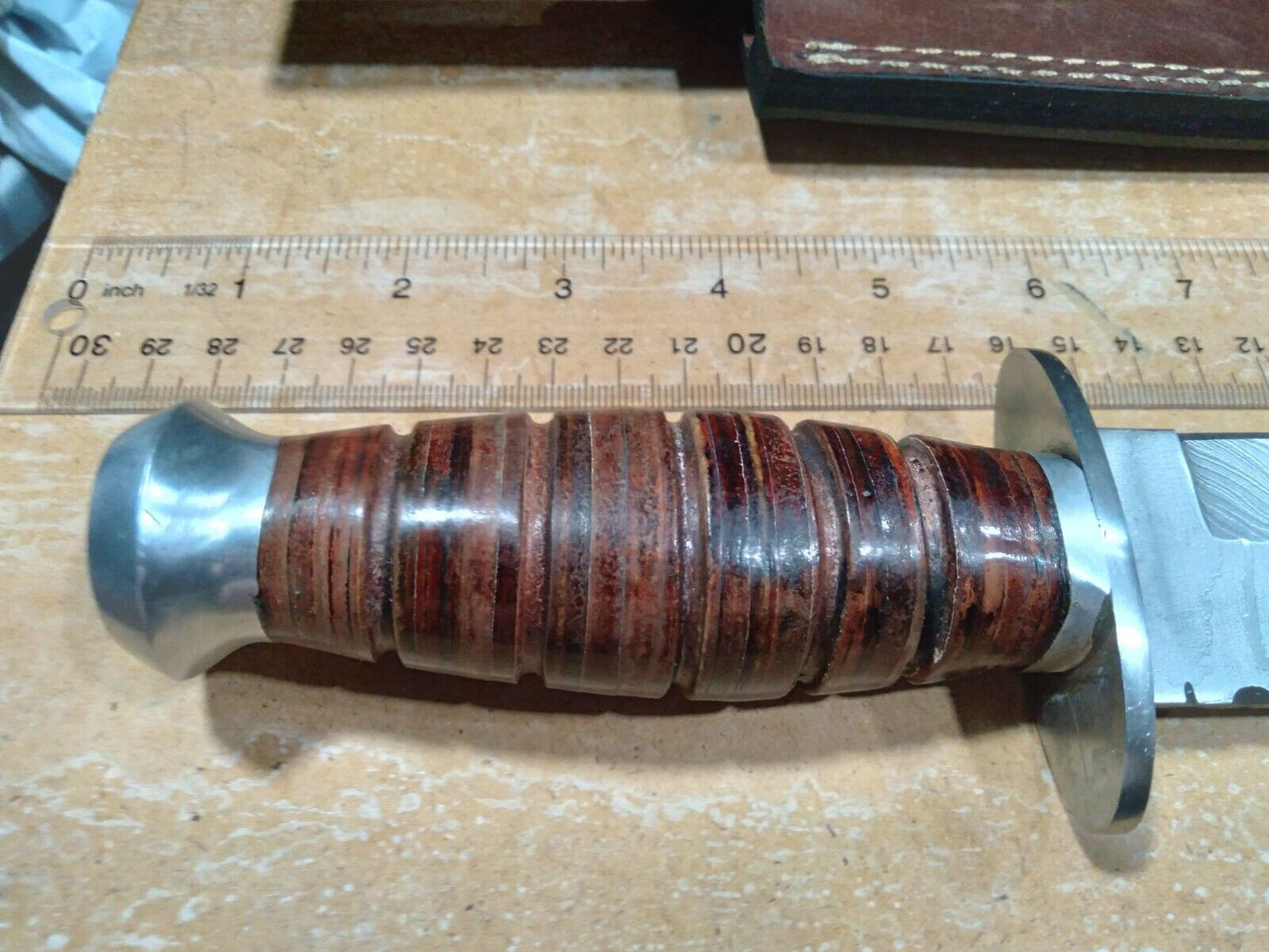 Heritage Forge 10 Inch Damascus Steel Fixed Blade Bowie Knife with Lathed Wood Handle and Leather Sheath