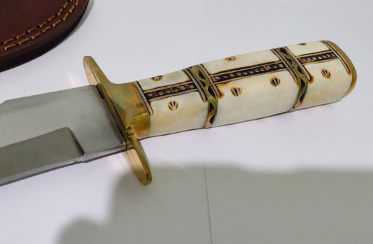 12.25" Hunting Bowie Knife 440 Stainless Steel White Bone Handle with Leather Sheath