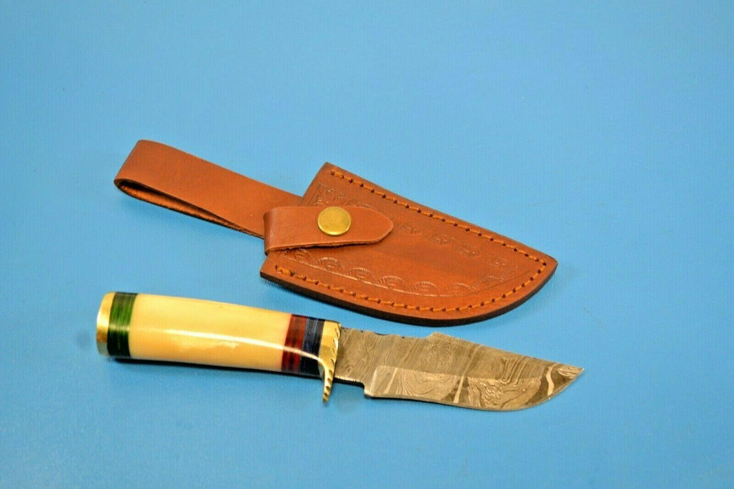 8" Damascus Steel Boot Bowie Knife – Bone Style Handle with Leather Sheath