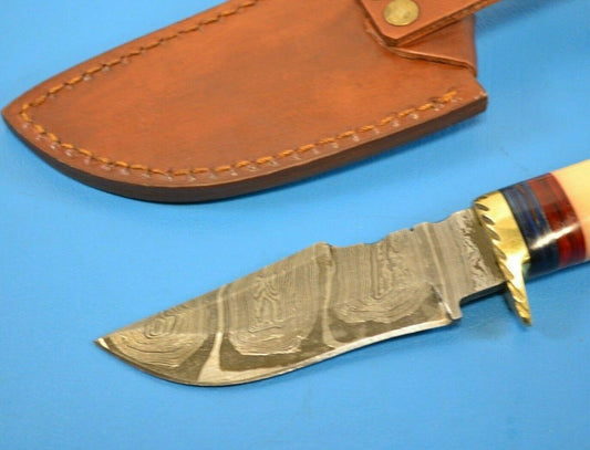 8" Damascus Steel Boot Bowie Knife – Bone Style Handle with Leather Sheath