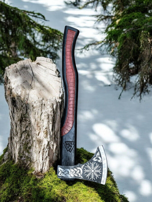 Hand Forged Viking Axe with Leather Sheath – Norse Engraved Hatchet with Carved Wooden Handle