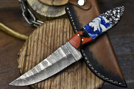 Twist Damascus Skinner Knife Corian Handle Micarta Bolster Camping Blade