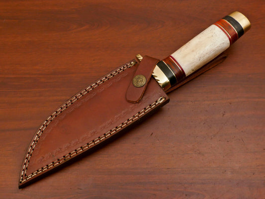 Handmade Damascus Bowie Hunting Knife | Camel Bone & Pakka Wood Handle