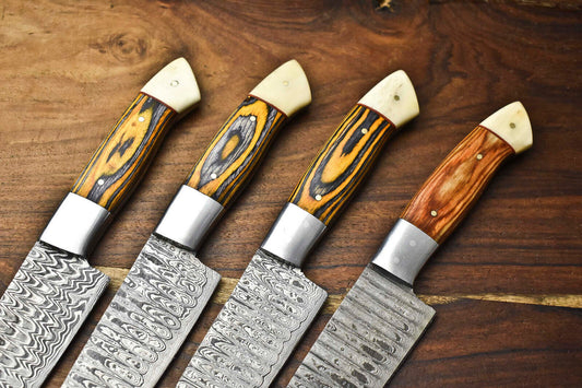 Custom Lot of 4 Handmade Hammered Damascus Steel Blade Chef Knife Set