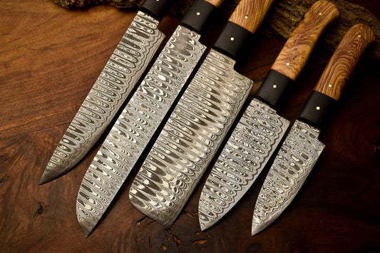 Premium Custom Set of 5 Handmade Hammered Damascus Steel Chef Knives – 384 Layer Forged Blades