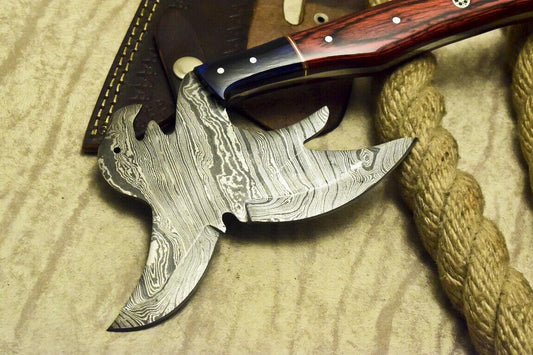 Rare Custom Damascus Full Tang Cleaver Chopper Tomahawk Axe Knife with Wood Handle and Leather Sheath