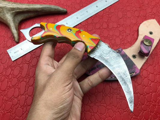 8" Hand Forged Damascus Karambit Knife Twist Karambit Damascus Steel With Resin Handle