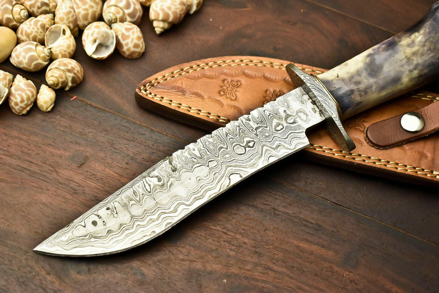 12.5" Damascus Steel Bowie Knife | Camel Bone Handle