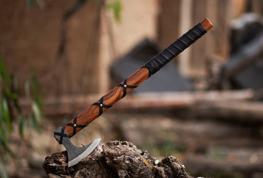 Hand Forged Viking Ragnar Carbon Steel Throwing Axe with Leather Wrap Handle and Sheath