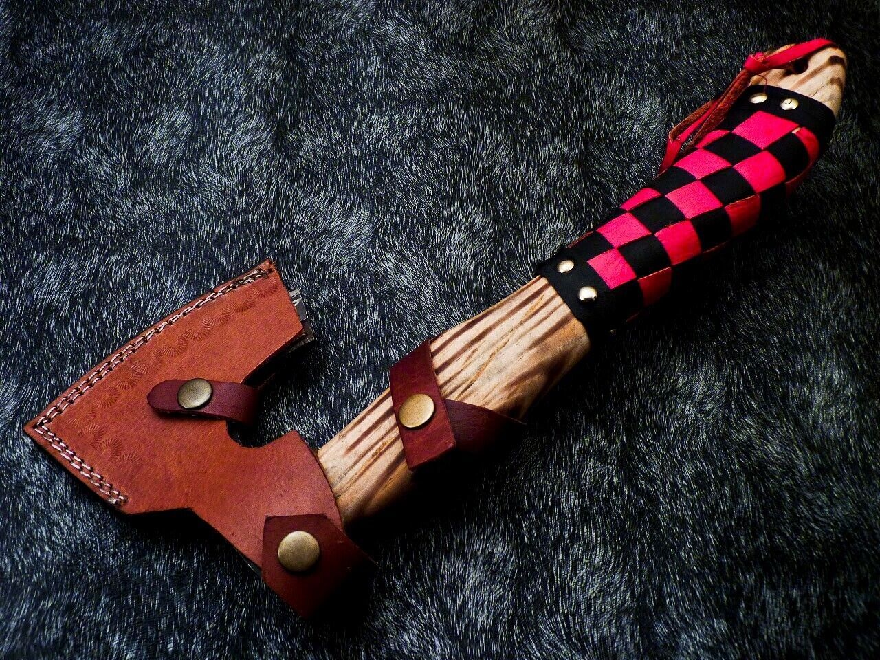 14 Inch Hand Forged Carbon Steel Viking Bearded Axe with Natural Wood Handle and Leather Sheath