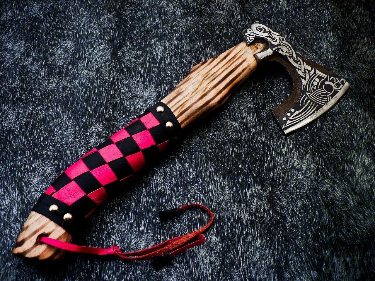 14 Inch Hand Forged Carbon Steel Viking Bearded Axe with Natural Wood Handle and Leather Sheath