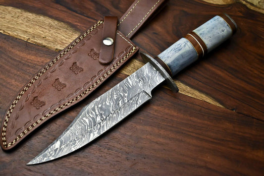 Handmade Damascus Steel Bowie Hunting Knife with Camel Bone Handle
