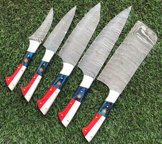 Custom Handmade Twist Damascus Steel Chef Knife Set with Pakkawood Handle