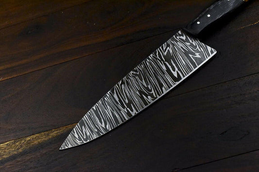 Handmade Damascus Steel Hunting Chef Knife 13" | 8" Blade, Ram’s Horn Handle, Full Tang, Custom Forged